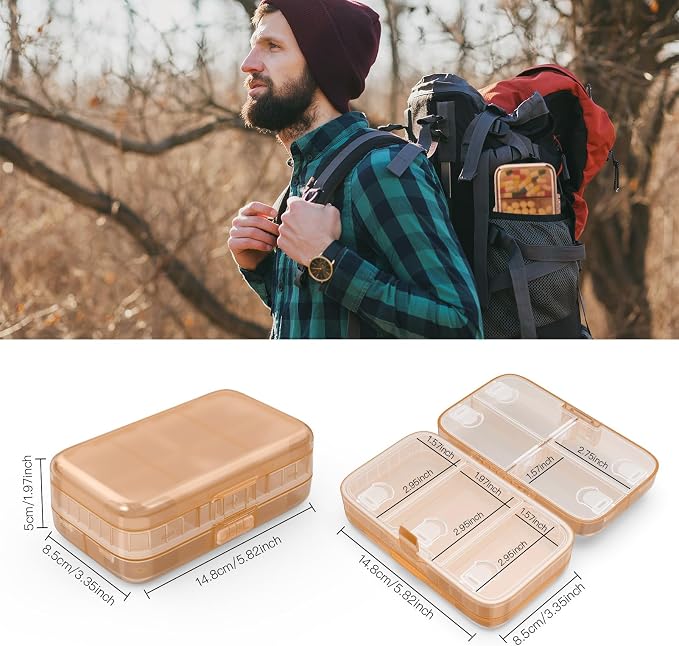 FYY Travel Pill Organizer, Large Weekly Medicine Pill Organizer-Brown | Airtight Moistureproof Medicine Case, Easy to Use, 8 Compartment Pill Box for Vitamins, Fish Oil, Supplements, Mini First Aid