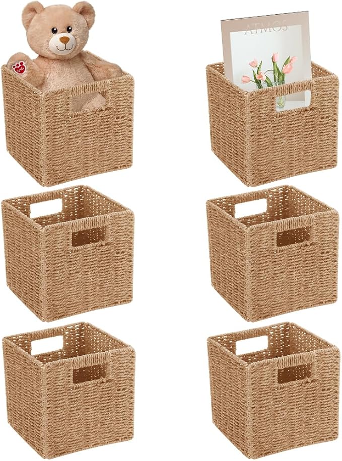6 Pack 8.7 Inch Wicker Baskets, Hand Paper Rope Storage Baskets | Foldable Cube Storage Bins Organizer Square Wicker Cubes for Shelves Pantry Organizing & Decor