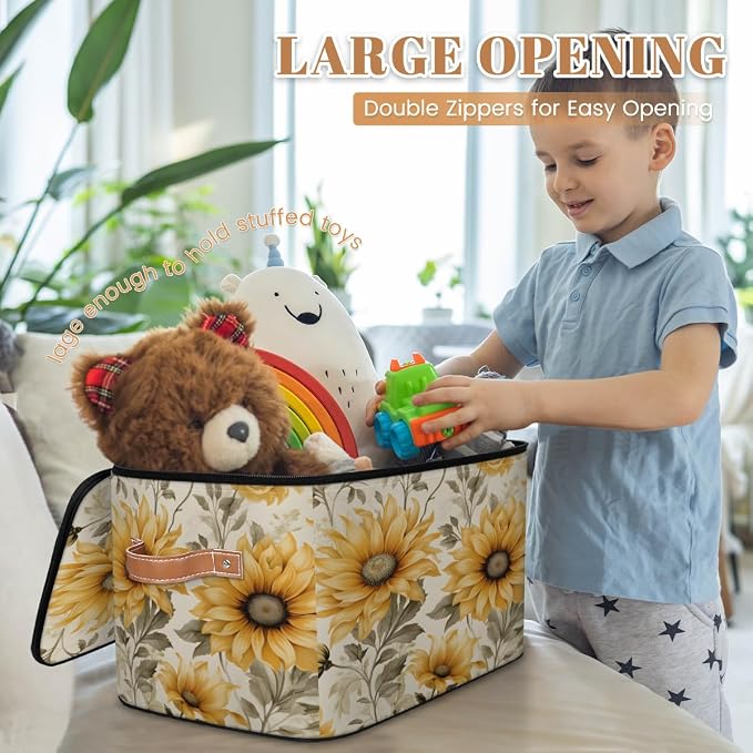 Pardick Flower Sunflower Storage Bins Storage Basket with Zipper Lid & Handle Foldable Storage Box Storage Cube Bin Clothes Organizer for Closet, Bedroom