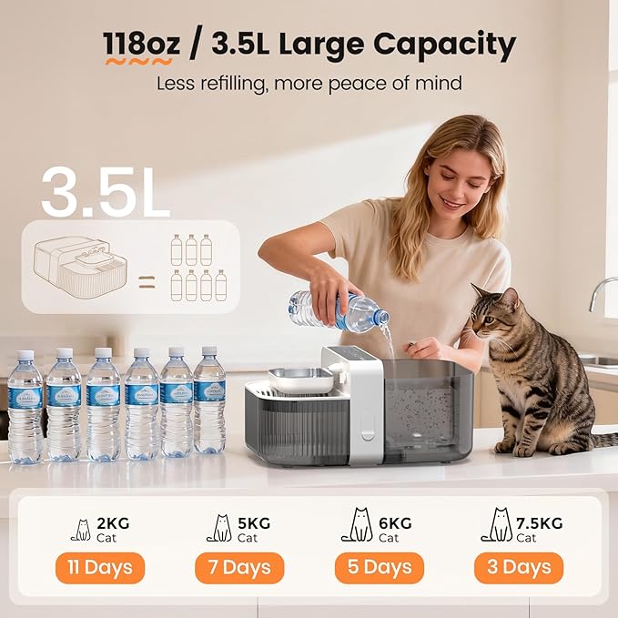 Invengo Filterless Cat Water Fountain with Wastewater Separation, 3.5L Stainless Steel Cat Fountain No Filter Needed, Wireless Pet Water Fountain for Cats & Small Dogs, 180-Day Battery, Smart Alert