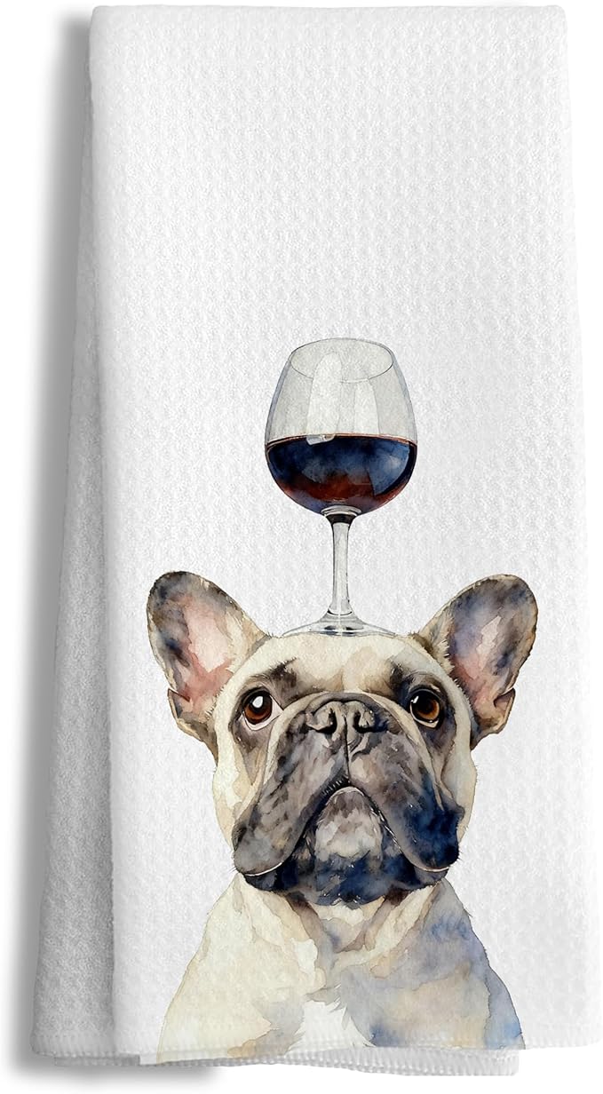 Funny Wine French Bulldog Decorative Kitchen Towels, Gifts for French Bulldog and Wine Lovers Hand Tea Towels for Bathroom, Frenchie Gifts for Women Men Dish Towel Dishcloth, 16x24 Inch