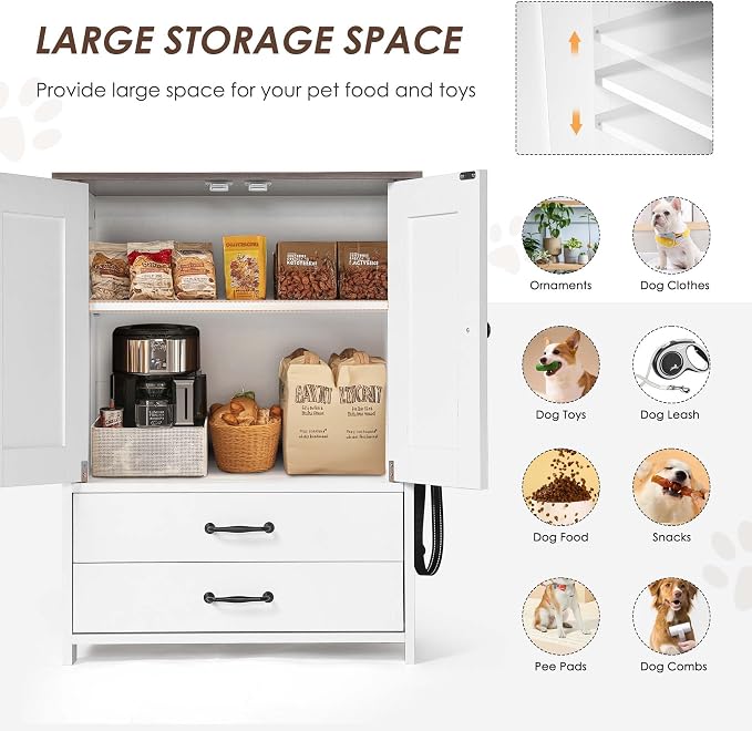 Majnesvon Pet Feeding Station with Storage Cabinet - Dog Food Organizer with Pull-Out Drawers, Adjustable Height Bowls & 3 Hooks - 23.6” Pet Storage Cabinet for Dogs & Cats