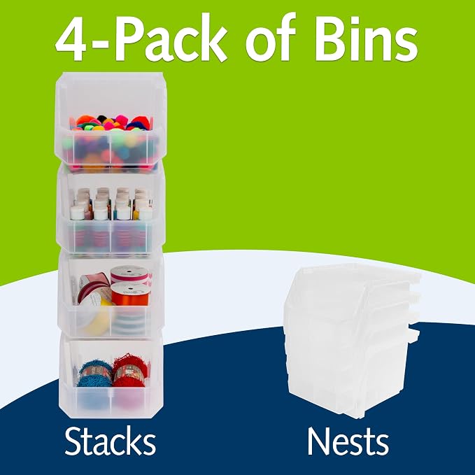 Medium-Tall Stackable Plastic Storage Bins, 4-Pack, Clear | Open-Front Stackable Bins For Garage, Pantry, Closet & Office, 7"L X 11"W X 8"H, Nests When Empty, Durable Plastic