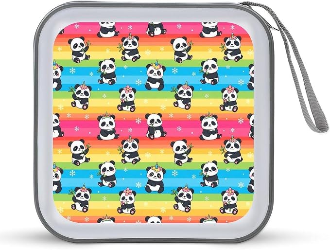 CD Cases 40 Capacity Rainbow Panda Hard Shell Case DVD Holder Wallet | Disc Organizer Storage Binder, Rainbow Cute Unicorns Panda Portable Zipper and Strap, for Home Car Travel