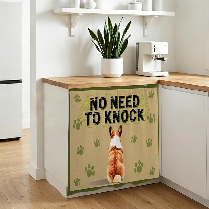 NO Need to Knock Cabinet Dishwasher Hidden Curtains, Privacy Closet Door Curtain, Corgi Dog Paw Prints Pet Lover Farmhouse Adhesive Dust Proof Under Sink Skirt for Bathroom Kitchen 35"x35"
