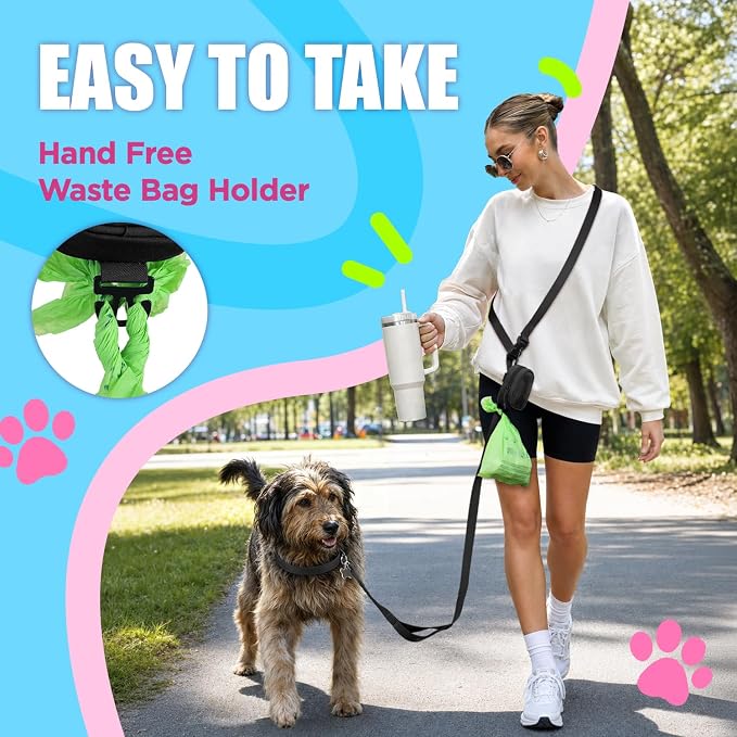 Dog Poop Bag Holder, Hands Free Cute Dog Poop Bag Dispenser for Leash with Big Opening Pet Waste Bag Holder Zippered Pouch with Carabiner Hook Waterproof Pet Poop Bag Holder Black