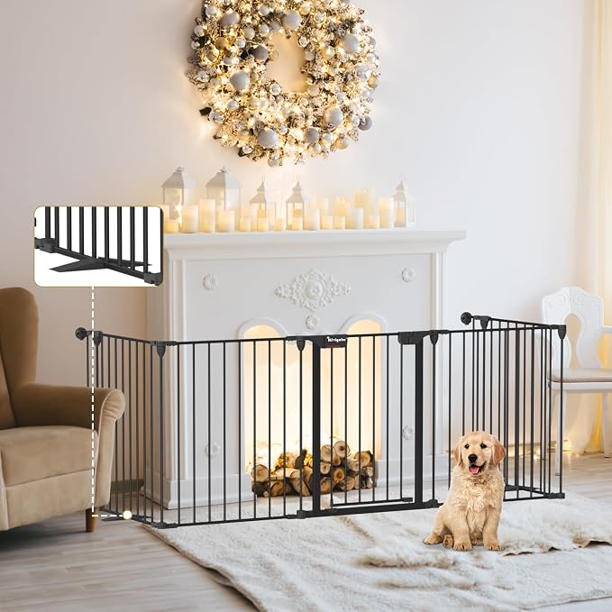 Kfvigoho Dog Gate 27.5"-129" Extra-Wide Playpen, Freestanding Pet Gate | Puppy Fence with Auto-Close Door, Double Locking System for Fireplace, Foldable Black, 5 Panels