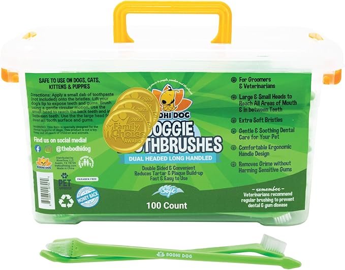 Bodhi Dog Dual-Headed Toothbrush for Dogs & Cats - Soft Bristles for Gentle Pet Dental Care - Puppy & Adult Teeth Cleaning - Easy-to-Use Design for Healthy Gums & Fresh Breath (100 Count)