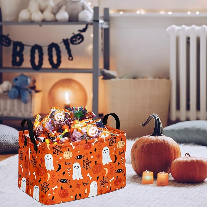 Rectangle Pumpkin Ghost Pattern Gift Storage Basket Home Shelf Storage Basket Organizer Box Clothes Laundry Hamper Nursery Basket Laundry Basket with Handles