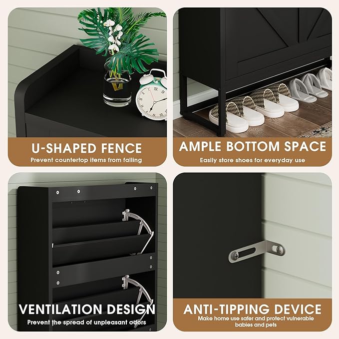 GRUSIGN Shoe Cabinet, Shoe Storage Cabinet with 2 Flip Drawers & Adjustable Shelf, Space-Saving Shoe Organizer – Holds 16+ Pairs, Narrow Shoe Cabinet Storage for Entryway/Hallway（Black）