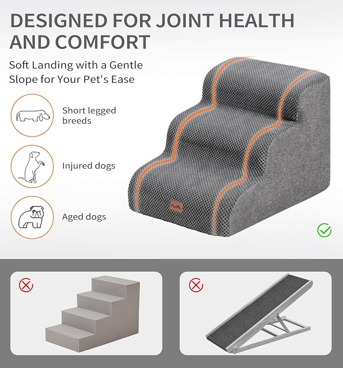 Made4Pets Dog Stairs Ramp for Small Dogs 15.7" H, 3-Step Dog Steps for Bed Couch Sofa and Chair, 35D Foam Pet Steps for Small Dogs and Cats, Non-Slip Bottom Pet Stairs, Grey