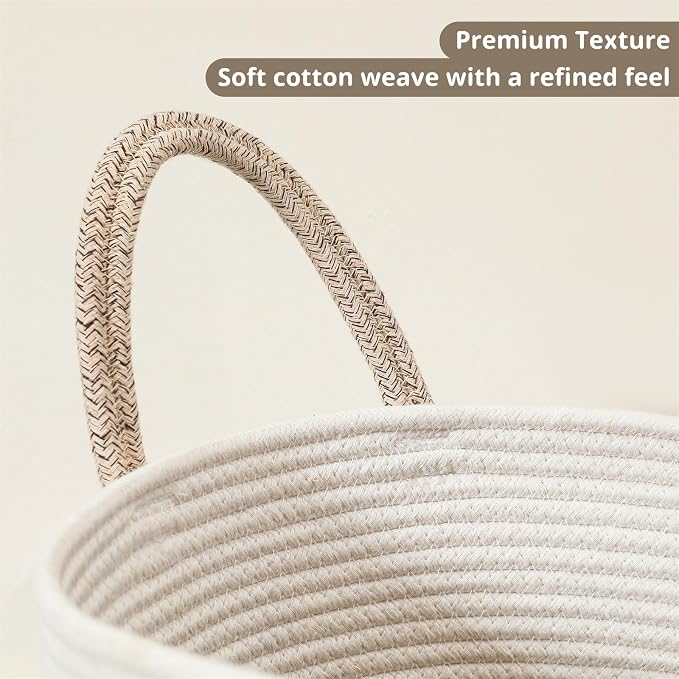 60L Large Woven Laundry Basket Hamper, 100% Natural Cotton Rope, Handwoven & Durable, Storage for Blankets, Toys, Clothes, Nursery Hamper for Living Room, Baby Room, Bedroom (Brown and White)