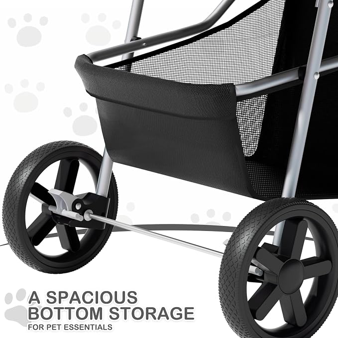 MoNiBloom Pet Stroller for Small/Medium Dogs and Cats up to 33 lbs, Black | Foldable Dog Stroller 3 Wheels Pet Strolling Cart w/ Storage Basket Cup Holder, Breathable and Visible Mesh for All-Season