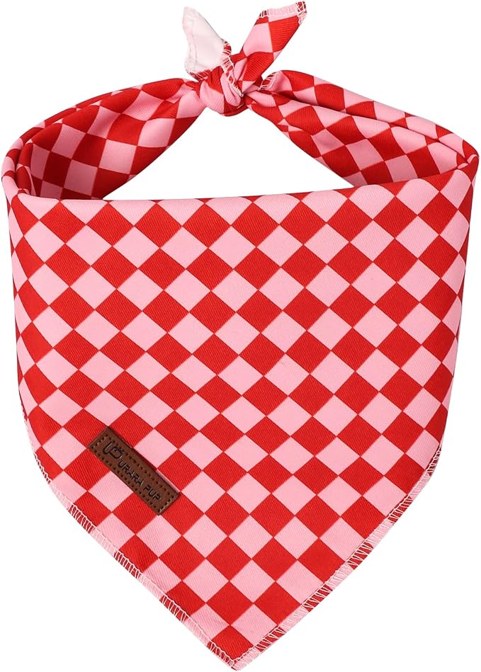 Red and Pink Plaid Dog Bandana–Red and Pink Checked Triangle Scarf for Small Medium Large Dogs, Soft Cotton Pet Bib for Dogs, Adjustable Dog Kerchief