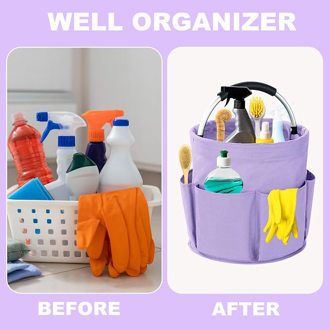 Cleaning Caddy with Handle, 17L Foldable Cleaning Supplies Organizer, Portable Storage Basket, Cleaning Supply Caddy, Multifunctional Cleaning Bucket Bag for Garden, Home, Kitchen (Purple)