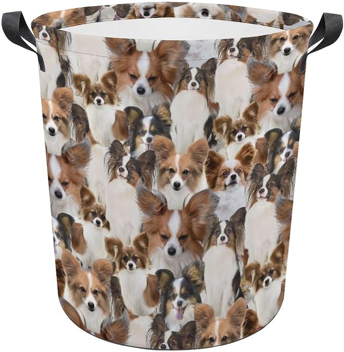 Cute Papillon Dog Print Laundry Basket Foldable With Handles, Funny Papillon Dog Tote Bag, Oxford Cloth Papillon Dog Laundry Hamper Clothes Storage Bucket For Bathroom Laundry Bedroom
