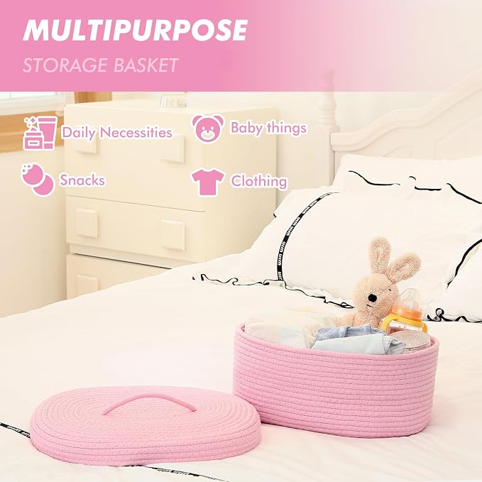 Sea Team Oval Storage Basket, Woven Cotton Rope Basket with Lid, Pink | Decorative Knitted Storage Bin, Multi-Purpose Lidded Organizer for Closet Shelves, Nursery and Household Storage