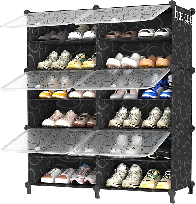 AWTATOS 6 Tier Shoe Rack Organizer, Shoe Storage Cabinet with Door, Black | 24 Pair Capacity Shoe Storage Shelves for Closet Hallway Bedroom Entryway