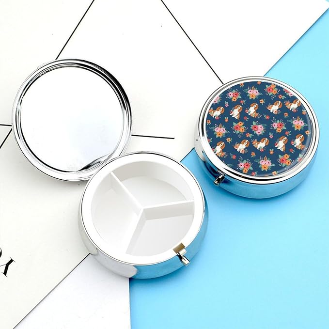 Round Travel Pill Box with Mirror English Springer Spaniel and Retro Floral, 3 Compartment Metal Pill Holder for Purse Fish Oil Supplements