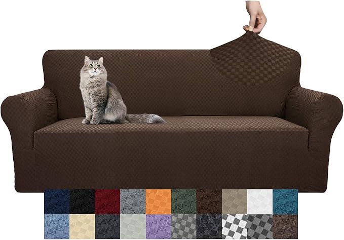 YEMYHOM Couch Cover Latest Jacquard Design High Stretch Sofa Covers for 3 Cushion Couch, Pet Dog Cat Proof Slipcover Non Slip Magic Elastic Furniture Protector (Large, Dark Coffee)