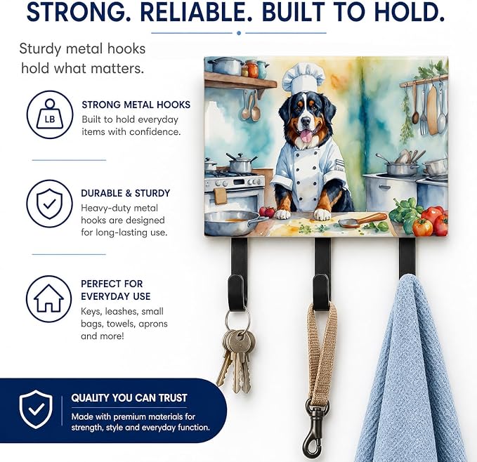 Caroline's Treasures Bernese Mountain Dog The Chef Leash or Key Holder Wall Hooks, Key Hooks Holder, Coat Rack Wall Mount, Coat Hooks, Hooks for Hanging Keys, Towels, Aprons, Leashes | Bernese Mountain Dog The Chef artwork on ceramic tile with three st...