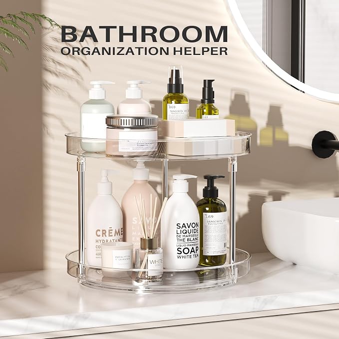 2 Pack 2 Tier Lazy Susan Turntable Organizer, Clear Rotating Lazy Susan | 360 Degree Rotating Spice Rack for Cabinet, Makeup and Perfume Organizer for Vanity, Counter Organizer Tray for Bathroom