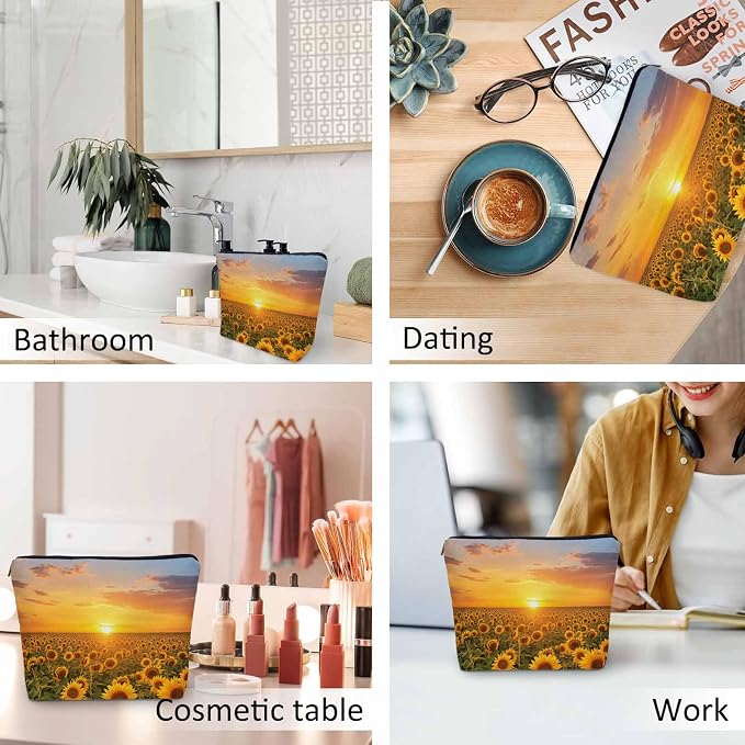 Sunflower Makeup Bags Makeup Organizer, Sunset Bloom Sunflowers Yellow Flax Toiletry Bags Travel Cosmetic Bag Makeup Purse Pouch Skincare Bag Wallet Bags For Women Female Mom Daughter