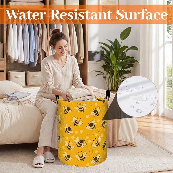 Cute Bee Laundry Basket, Adorable Bumblebee Floral Oxford Cloth Dirty Clothes Collapsible Hamper for Room Decor, Cartoon Gifts, Toy Organizer 19.7 x 15.7 Inches for Bedroom Bathroom Dorm