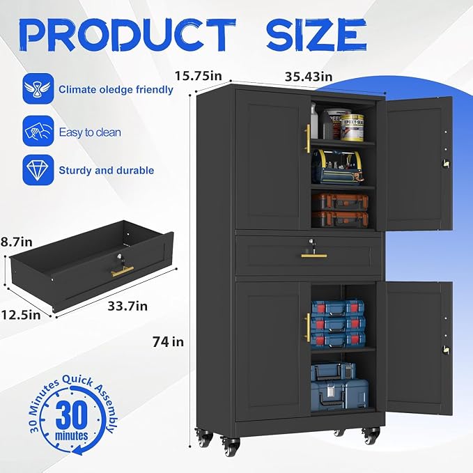 GAIOUS 74” Tall Metal Garage Storage Cabinet with Wheels and Drawer, Steel File Cabinet for Home Office, Tool Cabinet with 4 Locking Doors and 3 Adjustable Shelves, Rolling Cabinet for Garage-Black