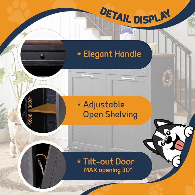 Double Door Dog Feeding Station with Storage, 10 Gallons Tilt Out Trash Can Cabinet, Dog Food Cabinet with Dog Bowls, Pet Organizer Cabinet for Kitchen/Living Room (Black, Double Door)