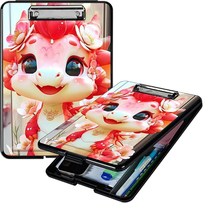 Heavy Duty Storage Clipboard, Slim Nursing Clipboard with Internal Pen Case, Portable File Organizer Case for A4 Letter Size Paper Office Medical Professionals, Pink Dragon
