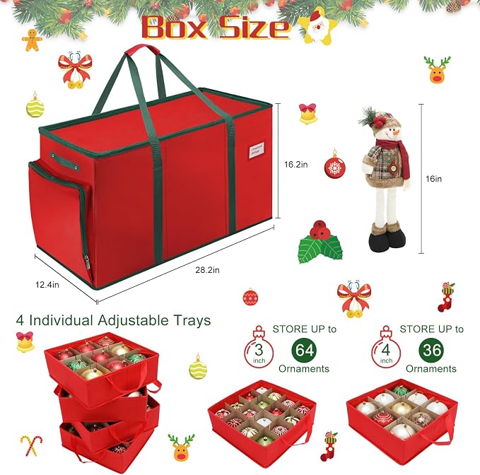 2-in-1 Christmas Ornament Storage Box Keeps 64-3"/36-4" Holiday Ornaments | Xmas Figurine Organizer Container,4 Separate Trays , Adjustable Extent Area for Figurines and Pockets for Holiday Décor
