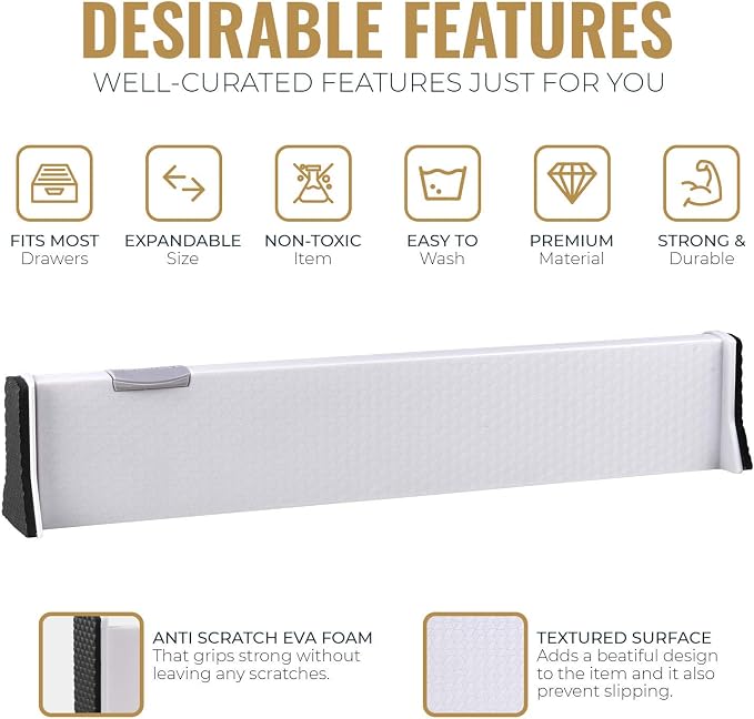 RAPTUROUS Adjustable Drawer Dividers, 2.5" Tall, Expandable 13-22", 8-Pack, Non-Slip for Dresser, Closet, Kitchen, Nursery, and Office (White)