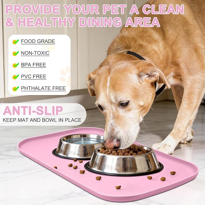 Smilool Silicone Pet Food Mat with Raised Edge for Food and Water Bowl, Dog Feeding Mats, Cat Food Trays for Floor Waterproof, Rubber Tray for Dogs and Cats, 19 x 12 x 0.7 Pink