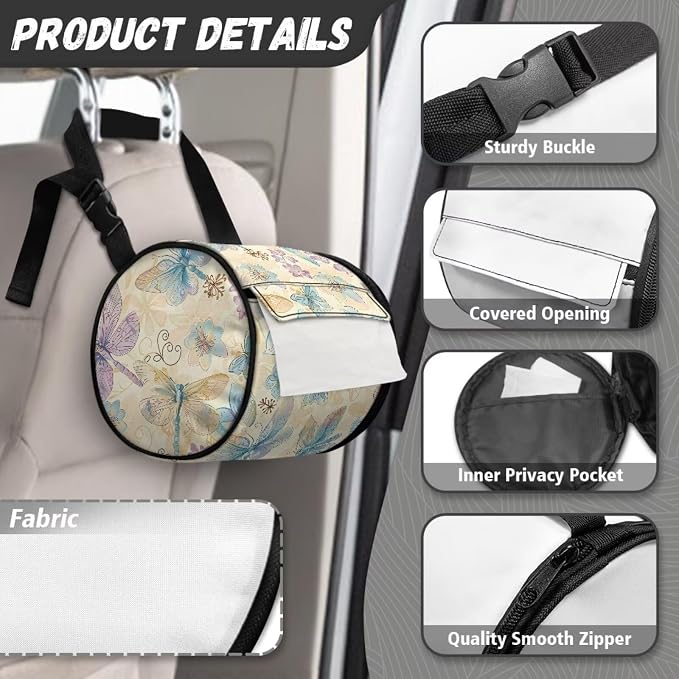 Hanging Paper Tower Holder Wall Mounted Cylinder Toilet Paper Roll Storage Holder with Adjustable Strap Easy to Install 6.3 * 6.3 * 6.3 Inch,Aesthetic Dragonfly