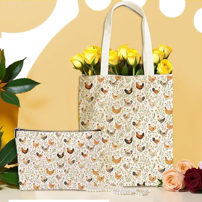 Cute Farm Animal Chicken Gifts for Women Girls Sister Chicken Lovers Mom Makeup Bag Canvas Tote Bag, Reusable Grocery Bags with Inner Pocket for Beach Camping Shopping Birthday Christmas
