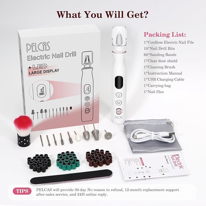 PELCAS Electric Nail File, 10 Speeds Cordless Nail Drill with LED Light, Portable Manicure and Pedicure Kit, Nail Grinder with LCD Screen for Human, Pet, Thick Toenails, Natural & Acrylic Nails