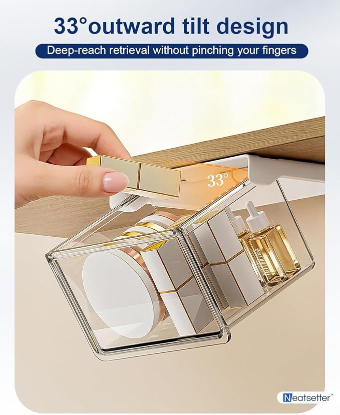 Hanging Cabinet Organizer – 33° Tilted Under Desk Drawer & Bathroom Storage – Self-Adhesive Clear Pull-Out Bins for Kitchen, Office & Vanity (Medium)