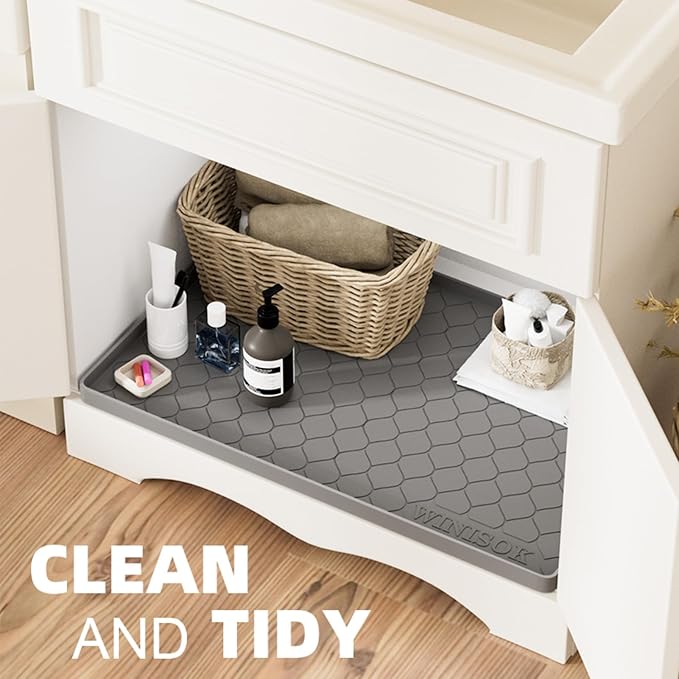 Winisok Waterproof Under Sink Mat 37" x 22", Silicone Mat, Beige | Raised Edge Traps Spills & Leaks, Shelf Liner, Cabinet Protector, for Kitchen, Bathroom, Boots, Pets, Home Essentials