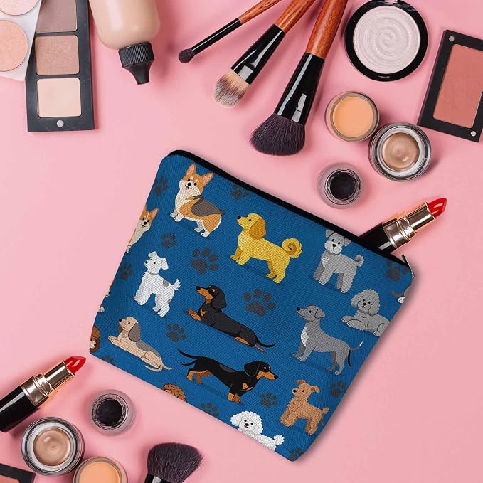 Woman Makeup Bag Dog, Cute Dogs Pet Puppy Blue Makeup Bags Travel Cosmetic Bags Toiletry Makeup Organizer Pencil Pouch Make Up Cosmetic Bag For Owners Lady Birthday Gifts
