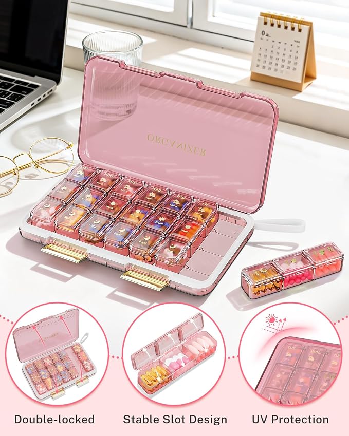 Weekly Pill Organizer 3X a Day - 7 Day Pill Box with 21 Compartments (Morning/Noon/Night), BPA-Free Daily Pill Case, Portable Medicine Organizer for Vitamins, Supplements & Medication【Upgrade】 (Pink)