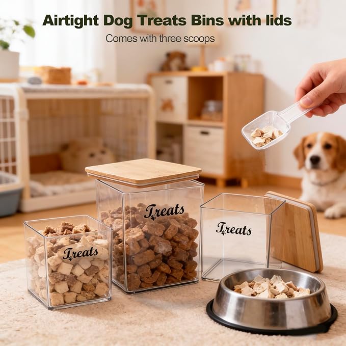 3-Piece Dog Treat Container Airtight, Square Dog Food Container With Bamboo Lid,Clear Pet Treat Bins for Kitchen Counter and Pantry,Ideal for Pet Owner