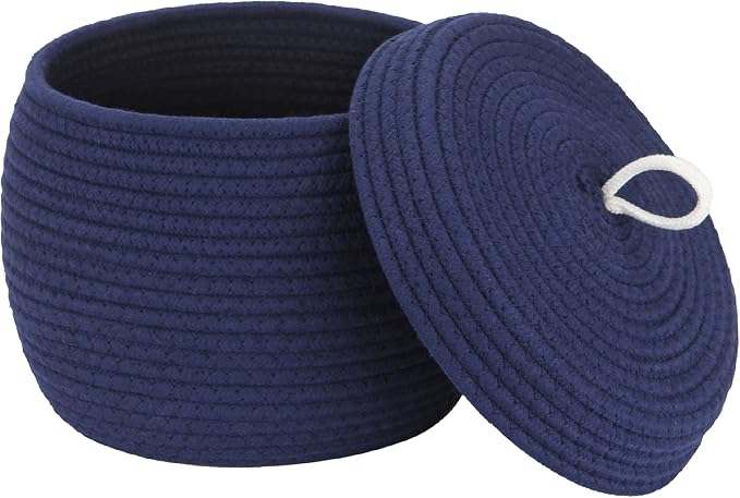 Sea Team Round Woven Cotton Rope Storage Basket with Lid, Navy | Lidded Knitted Decorative Storage Bin, Pot, Caddy, Organizer, Container for Snacks, Towels, Plants, 10 x 7.5 Inches