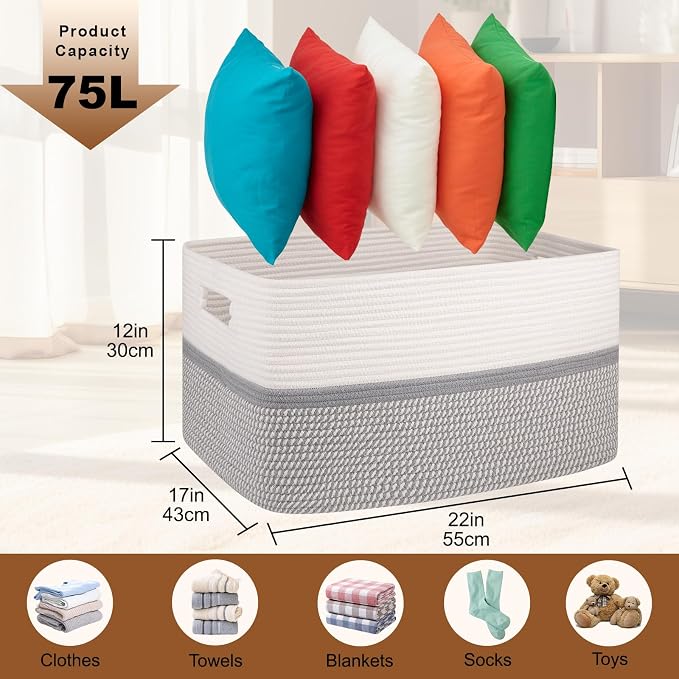 OIAHOMY Blanket Basket Laundry Basket Dog Toy Basket 75L Grey/White | Large Storage Basket,Baby Basket,Toy Storage,Woven Rope Basket for Blankets,Blanket Storage for Living Room