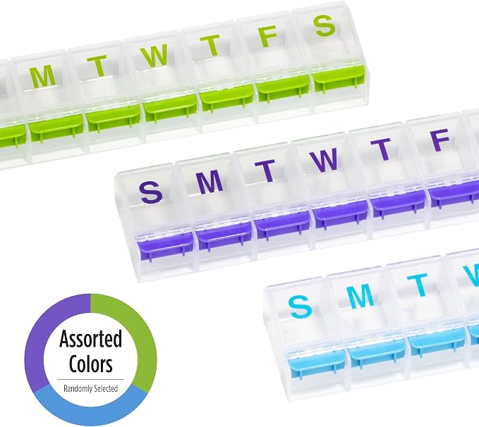 EZY DOSE Weekly (7-Day) Pill Case, Medicine Planner, Vitamin Organizer Box, Medium Push-Button Compartments, Convenient and Easy to Use, Color May Vary, BPA Free