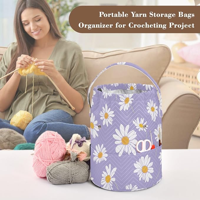 Fustylead Cute Daisy on Light Purple Background Yarn Crochet Tote Basket, Large Knitting Drawstring Organizer Yarn Storage Bag for Crocheting Project, Sewing Supplies, Yarn Balls, Needles