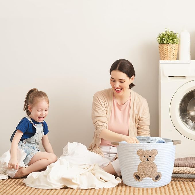 Cotton Rope Basket Toy Storage Baskets for kids Laundry Hamper, Gift Basket Empty Baby Shower Baskets with Handles, Cute Bins Blanket Stuffed Animal Storage for Nursery, Living Room Decor, Bear