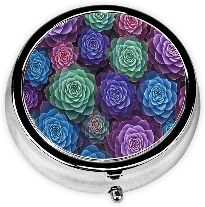 Purse Pill Holder, Cactus Succulent Plants Pattern Round Waterproof Organizer, Compact Case for Vitamins, Travel Pill Box Pocket Use for Active Lifestyles