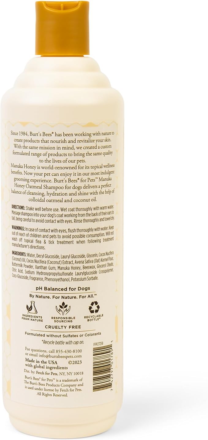 Burt's Bees for Pets Manuka Honey Oatmeal Shampoo for Dogs, Colloidal Oatmeal & Coconut Oil, 95%+ Natural Origin, No Sulfates, Parabens or Phthalates, Milk & Honey Scent, 16 Fl Oz