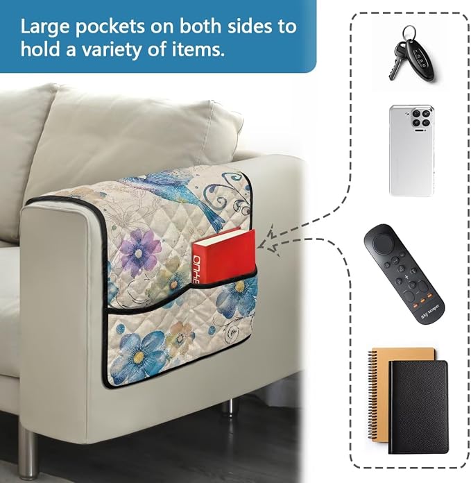 Blue Hummingbird Stretch Armrest Covers Couch Arm Cover Non-Slip Arm Rest Covers with 2 Pockets Armchair Slipcovers for Recliner Furniture Protector Home Decor